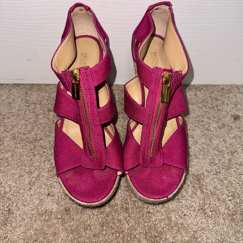 Michael Kors Platform Wedge Open Toe Shoes Women's 5.5M Fuschia Front Zip